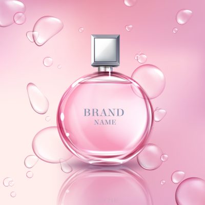 Vector 3d realistic poster, banner with perfume bottle, oil drops. Shiny glass container with pink liquid for women. Cosmetics background for ad poster, promo banner. Floral essence, mock up.